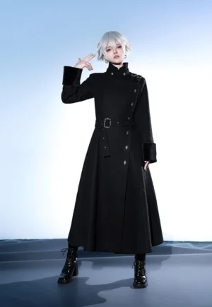 Model wearing XS black Ouji Lolita overcoat full body front portrait with combat boots on gradient blue backdrop 162cm tall demonstrating perfect fit and elegant silhouette