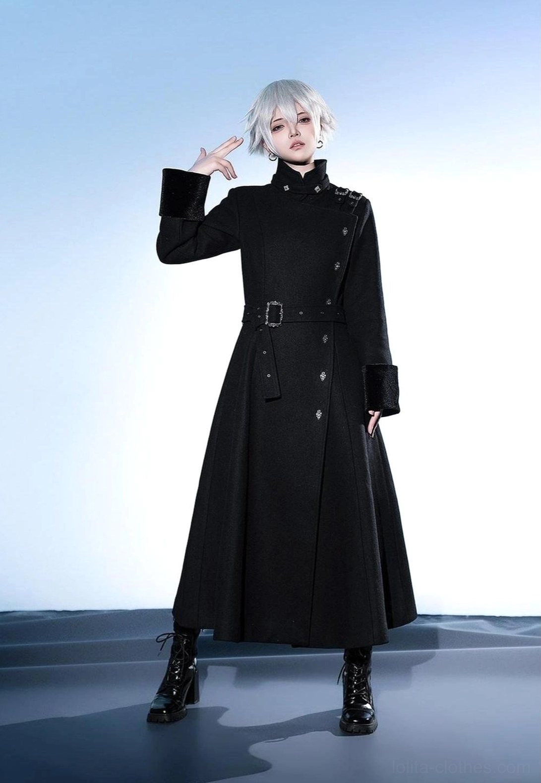 Model wearing XS black Ouji Lolita overcoat full body front portrait with combat boots on gradient blue backdrop 162cm tall demonstrating perfect fit and elegant silhouette
