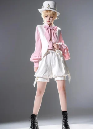 Front full-body Ouji Lolita pink blouse with detachable bow collar and white shorts, featuring layered puff sleeves and formal aesthetic on androgynous model with top hat