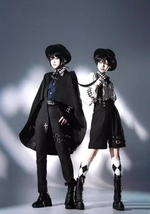 Ouji lolita prince coordinate set full body front view two models navy and white checkered blouse suspender shorts pants black cape