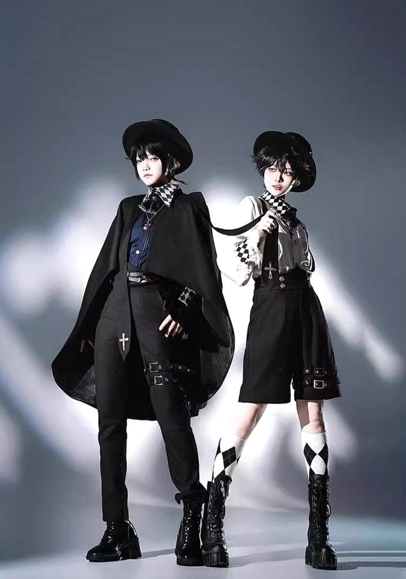 Ouji lolita prince coordinate set full body front view two models navy and white checkered blouse suspender shorts pants black cape