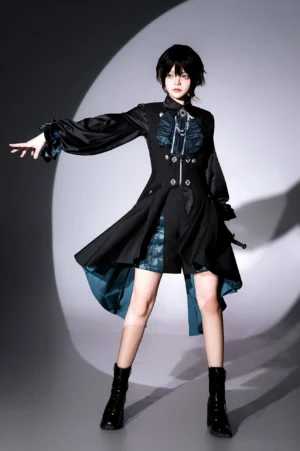 Ouji Lolita prince asymmetric high-low vest ensemble dynamic three-quarter front view teal satin lining