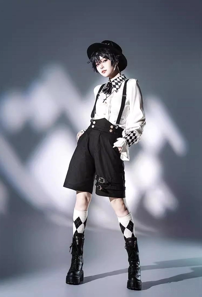 Single ouji lolita prince outfit full body side profile black cape tailored trousers navy blouse top hat formal boots