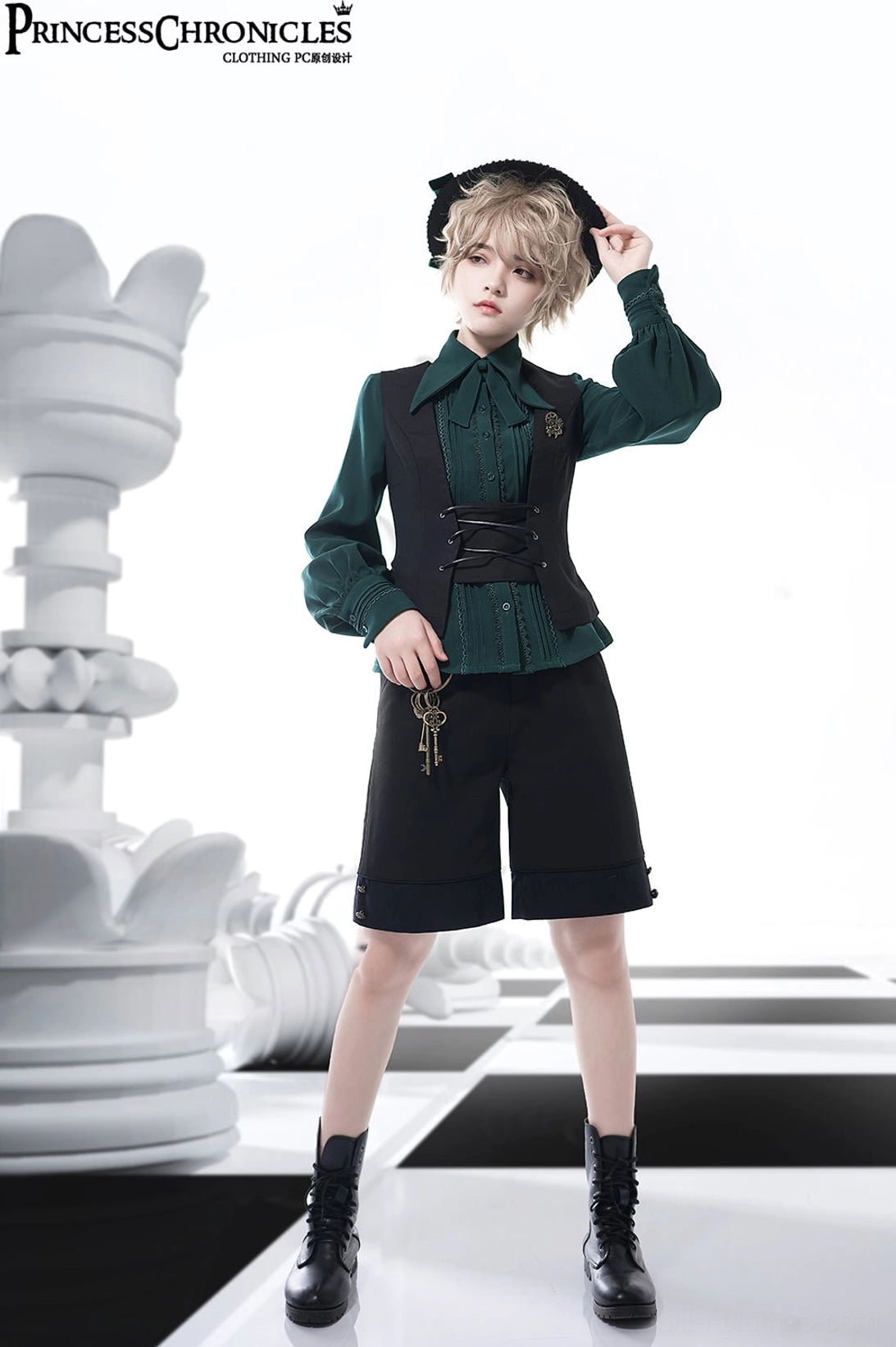 Full Ouji Lolita prince style outfit with dark green blouse black shorts beret combat boots and steampunk waist pendant