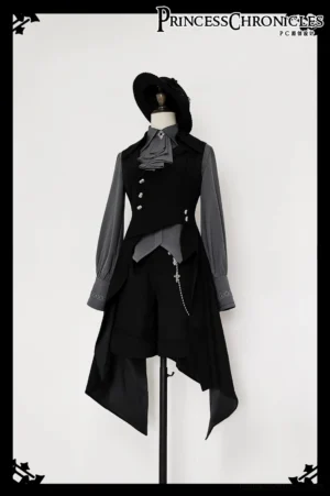 Complete black Ouji lolita prince vest outfit displayed on mannequin with grey inner shirt, black shorts, decorative waist chain, and vintage top hat - front full view showing asymmetrical tail hem design