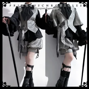 Ouji lolita rabbit ear grey coat back view with layered ruffled hem black leg strap boots and detachable bunny ear hood
