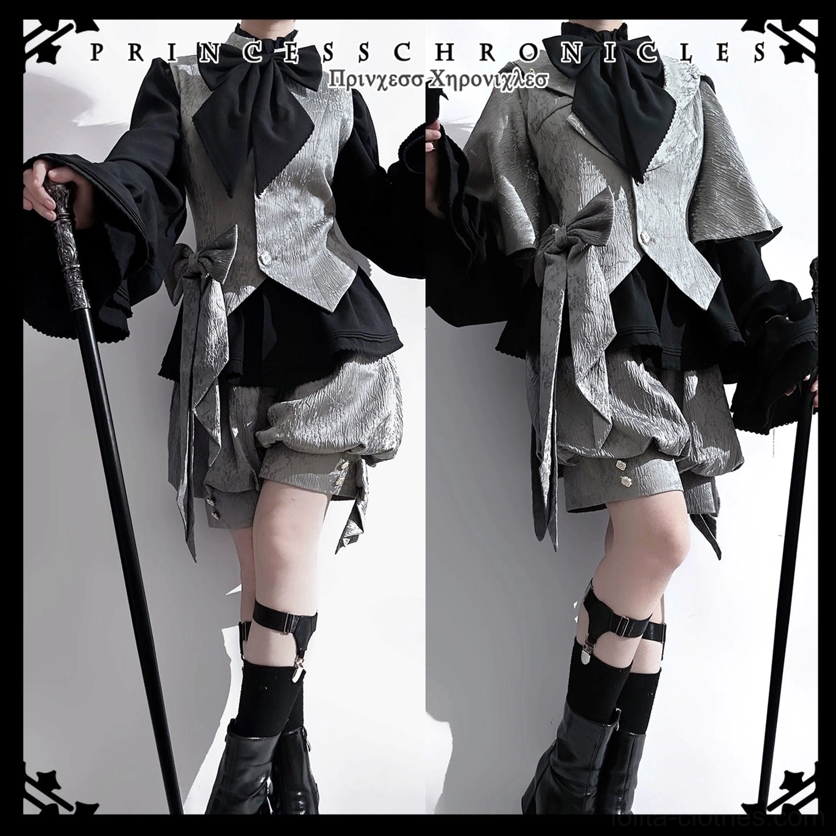 Ouji lolita rabbit ear grey coat back view with layered ruffled hem black leg strap boots and detachable bunny ear hood