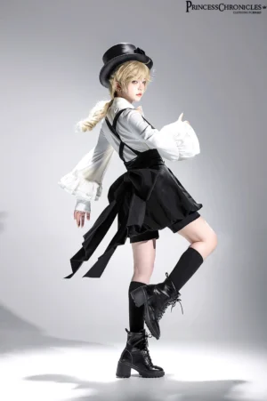 Ouji Lolita outfit side-back dynamic pose view displaying trailing bow detail, structured bloomer silhouette, black platform boots and knee-high socks on model in studio setting