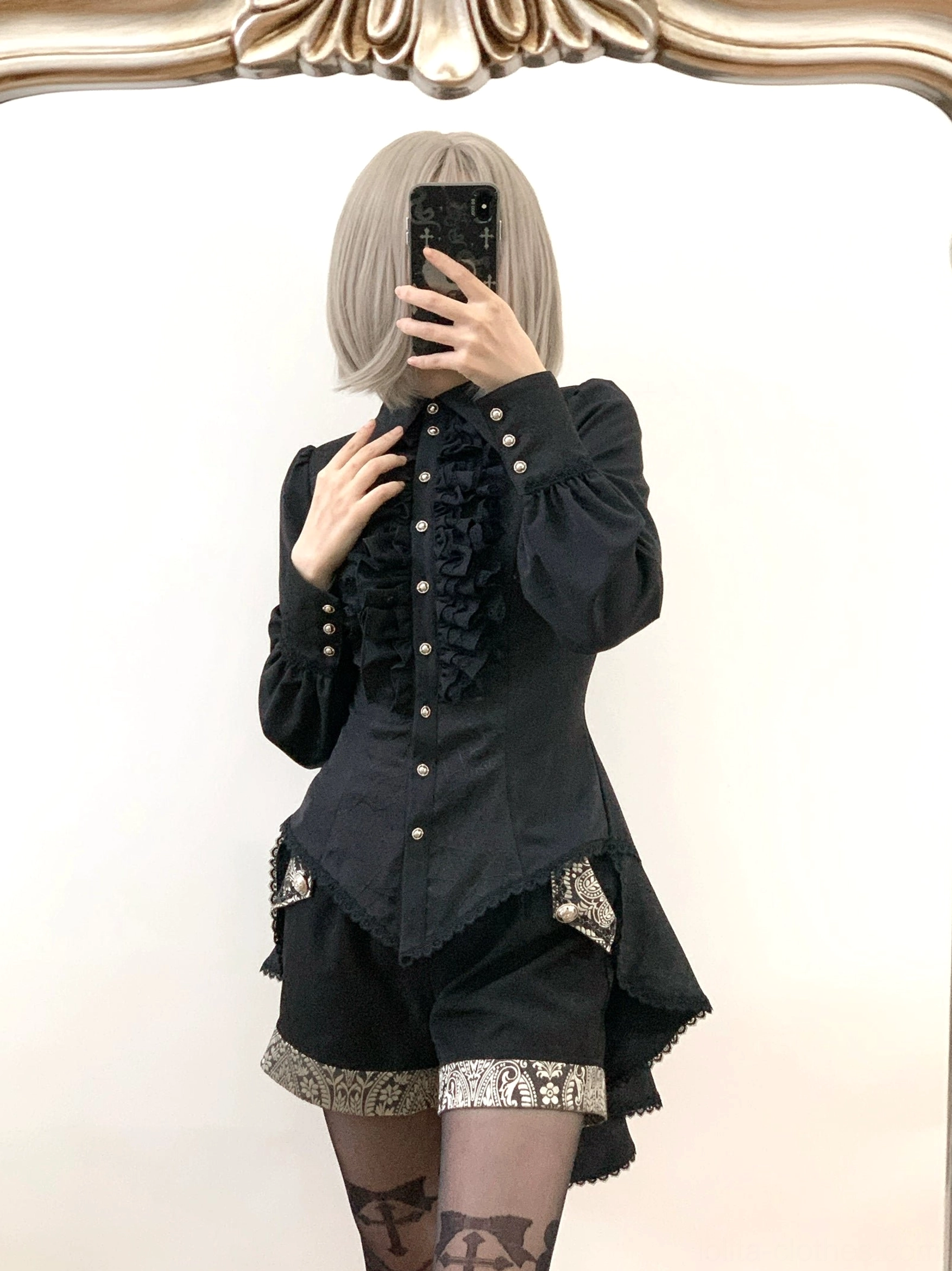 Gothic Ouji lolita spiderweb shirt back lace-up corset detail showing adjustable lacing design and structured waist definition
