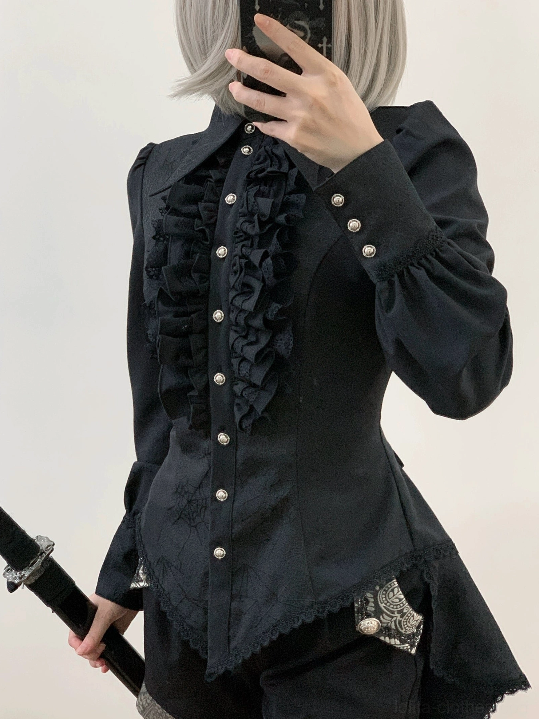 Gothic Ouji lolita spiderweb shirt cuff and sleeve detail showing bishop sleeve construction button closures and lace trim finishing