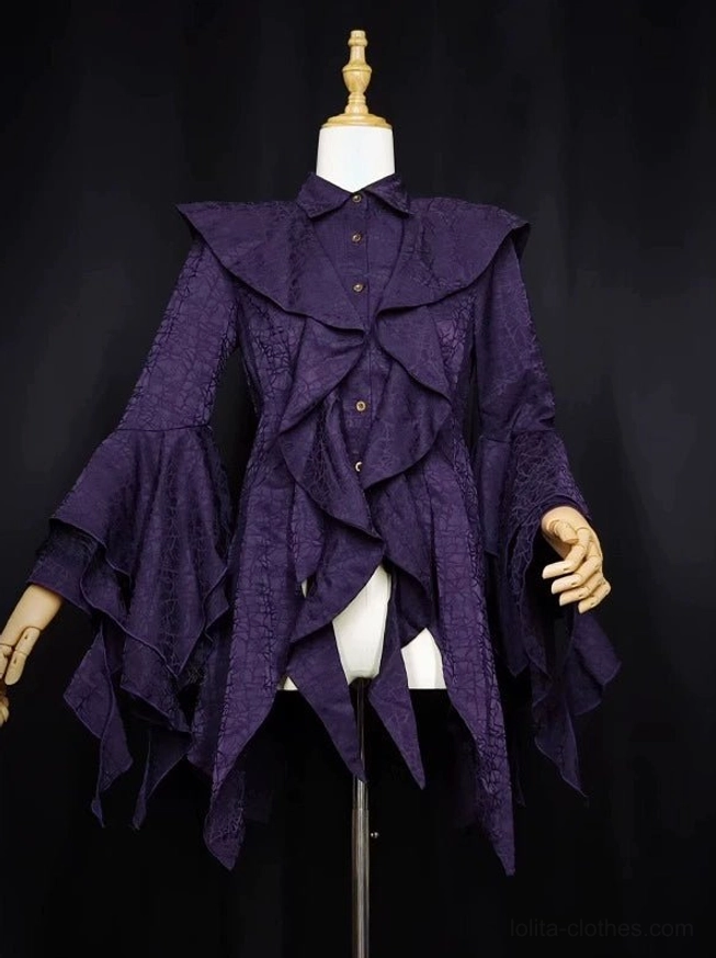 Close-up detail view of Ouji Lolita shirt construction showing jacquard stand collar texture, ruffled princess sleeve pleating, buttonwork, and premium polyester fabric quality