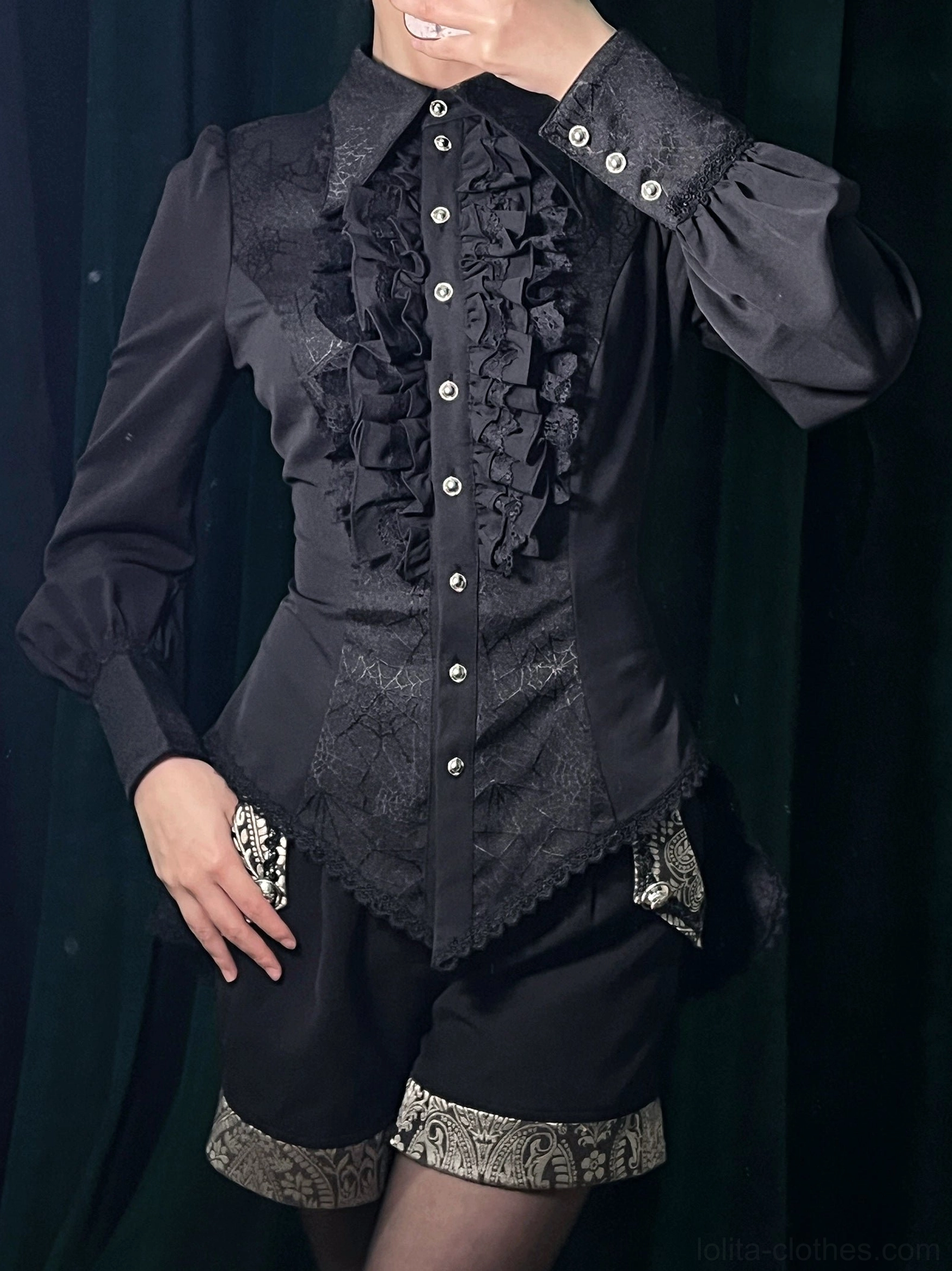 Gothic Ouji lolita spiderweb shirt high-low hemline detail showing pointed asymmetrical tail scalloped lace trim and construction