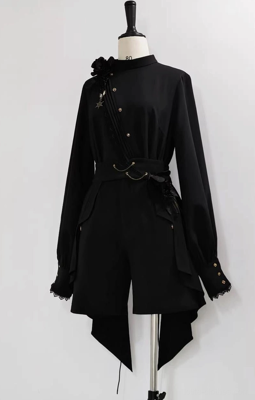 Ouji Lolita military shirt detail shot showing lantern sleeves pintuck texture metal button hardware premium craftsmanship close-up