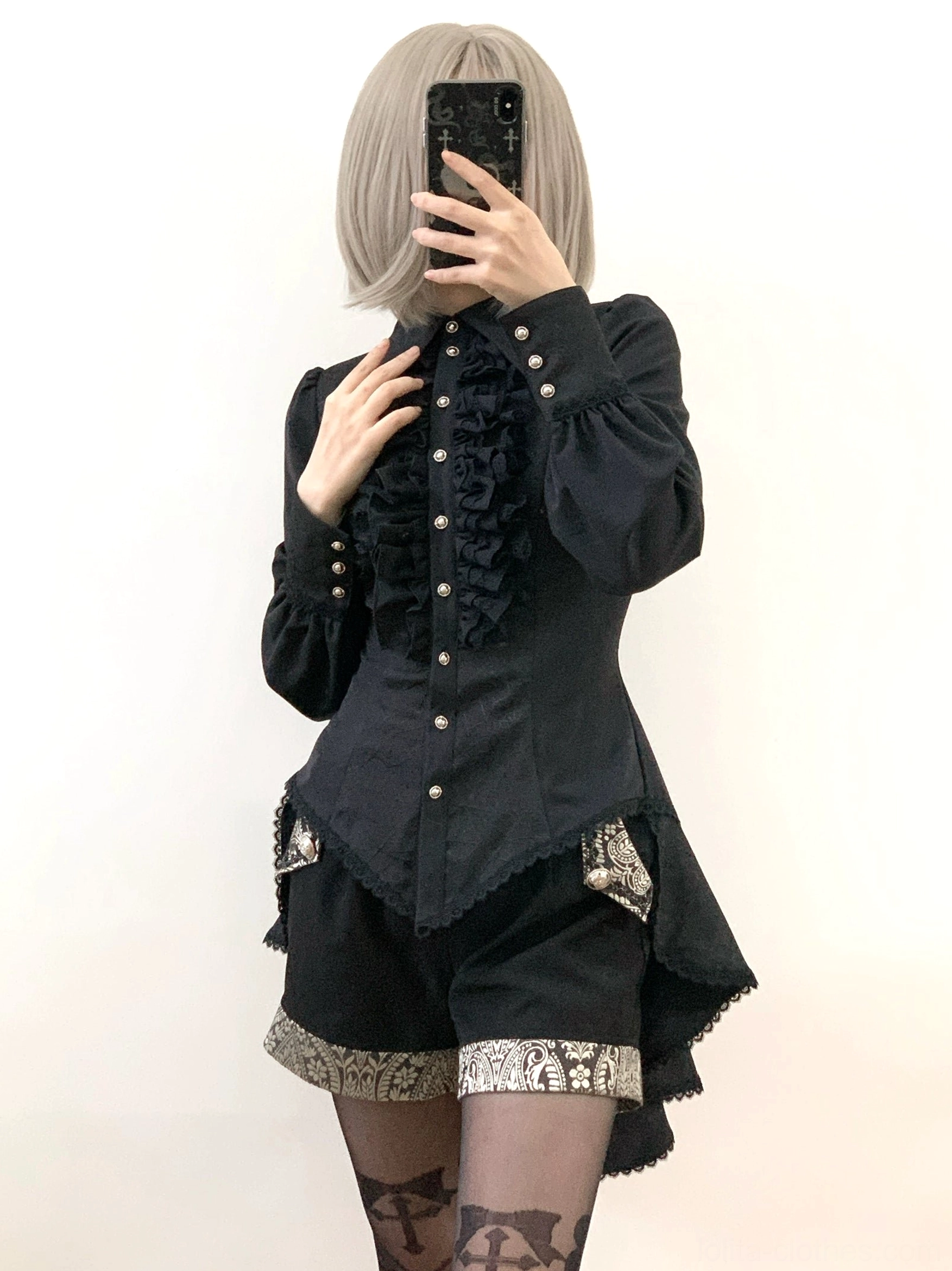 Gothic Ouji lolita spiderweb shirt detailed close-up of spiderweb jacquard fabric pattern texture and weave construction quality