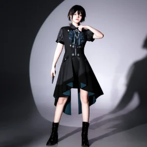 Short sleeve ouji prince lolita outfit static front full-body fitted waist metal buttons teal lining