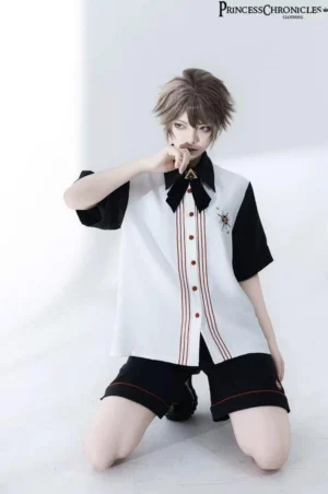 Floral Intoxication Ouji Lolita short-sleeve shirt and embroidered shorts ensemble front view on androgynous model showing black-and-white color-blocked design with star chest embroidery and burgundy accent placket details