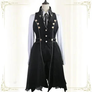 Black and white Ouji Lolita sleeveless coat bicolor design front view featuring stand collar, black vest front with white shirt sleeves, asymmetrical pointed hem with white piping trim and metallic button details