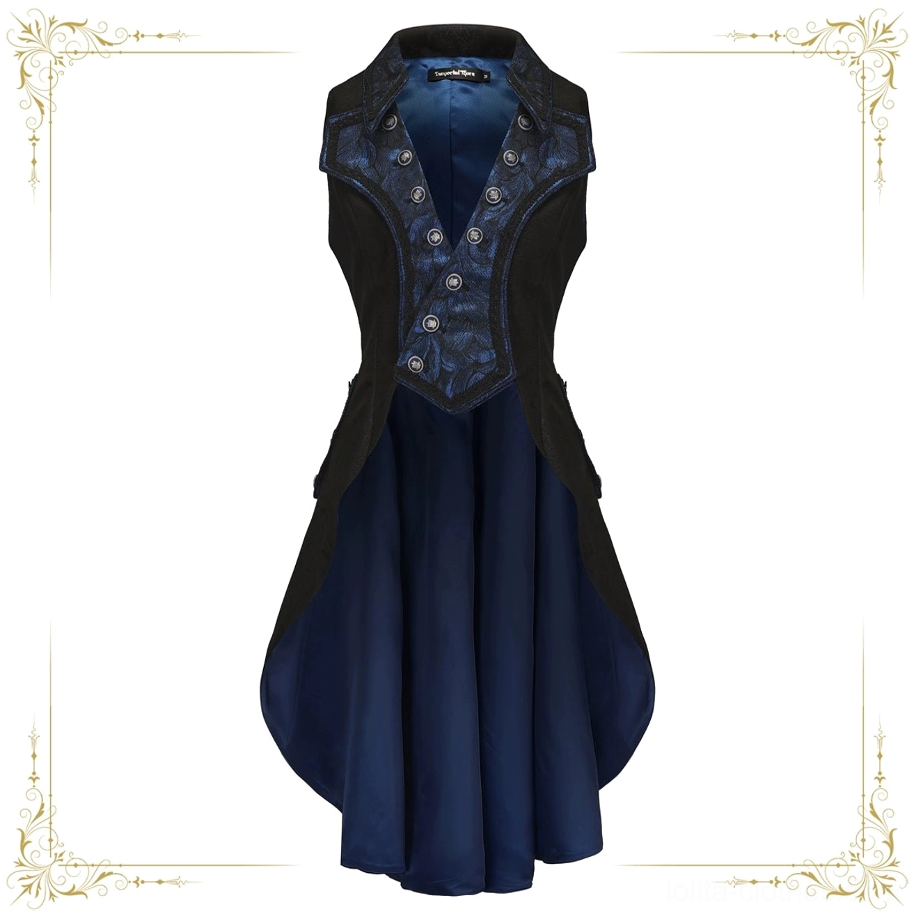 Blue-black Ouji Lolita sleeveless tailcoat flat lay display front view contrasting jacquard panel vintage silver buttons