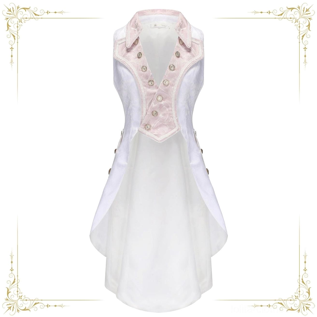 Pink-white Ouji Lolita sleeveless tailcoat flat lay front display ruffled details blush accents white base
