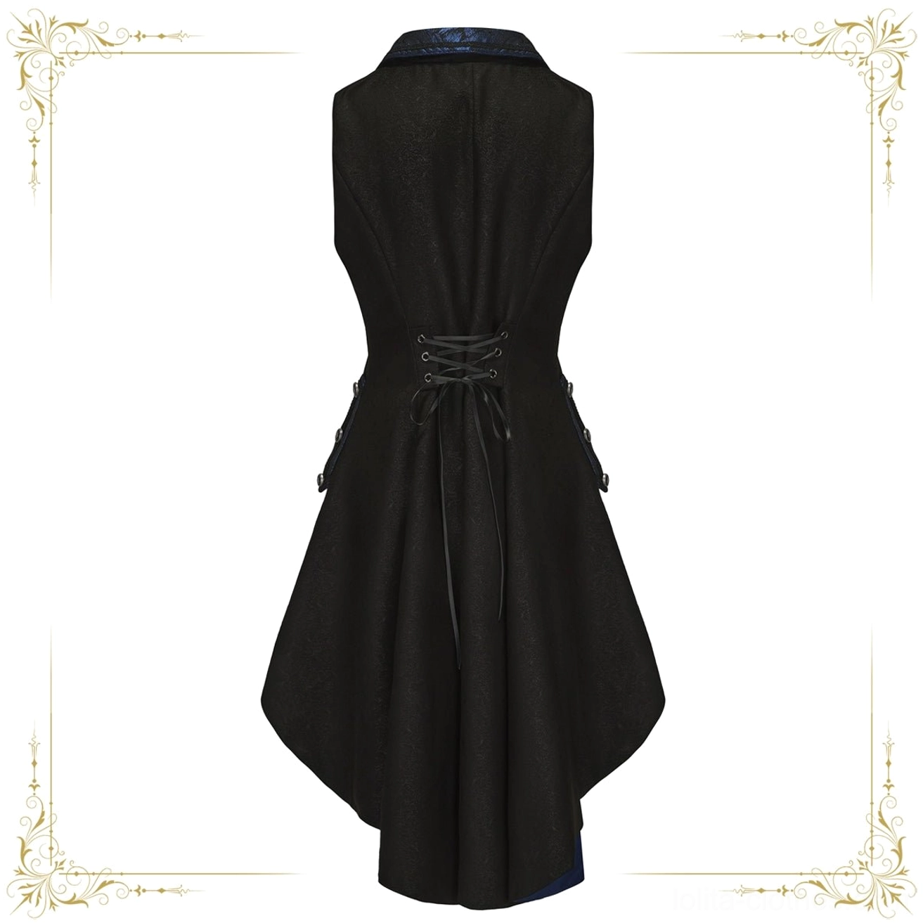 Ouji Lolita sleeveless tailcoat rear view flat lay high-low tail hem lace-up waist closure side seam pockets