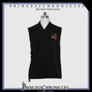 Black ouji lolita sleeveless V-neck vest with red dragon embroidery and adjustable side straps displayed on dress form in branded studio frame