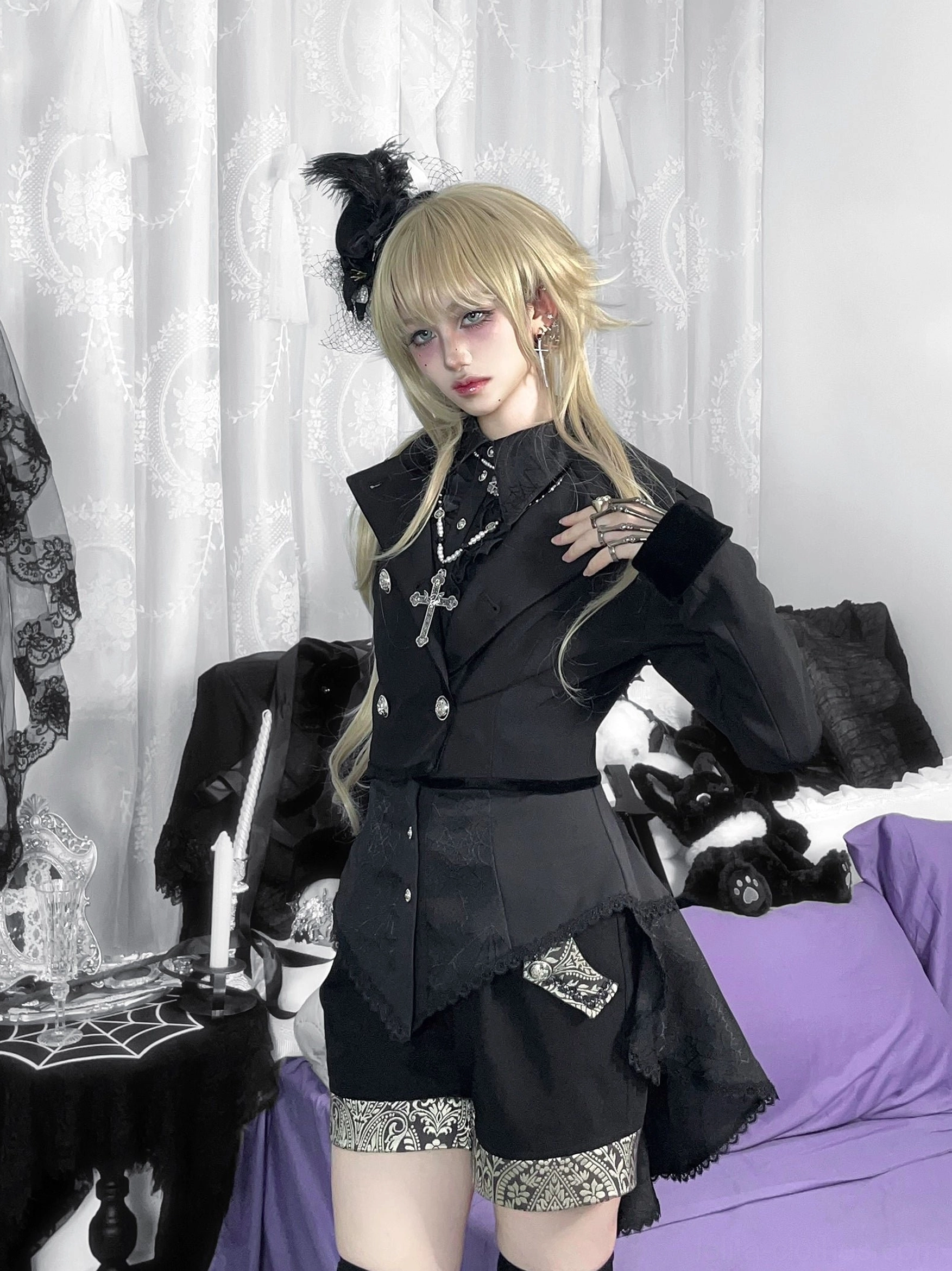 Black gothic Ouji lolita spiderweb shirt long version display showing extended tail hemline contrast to short version design