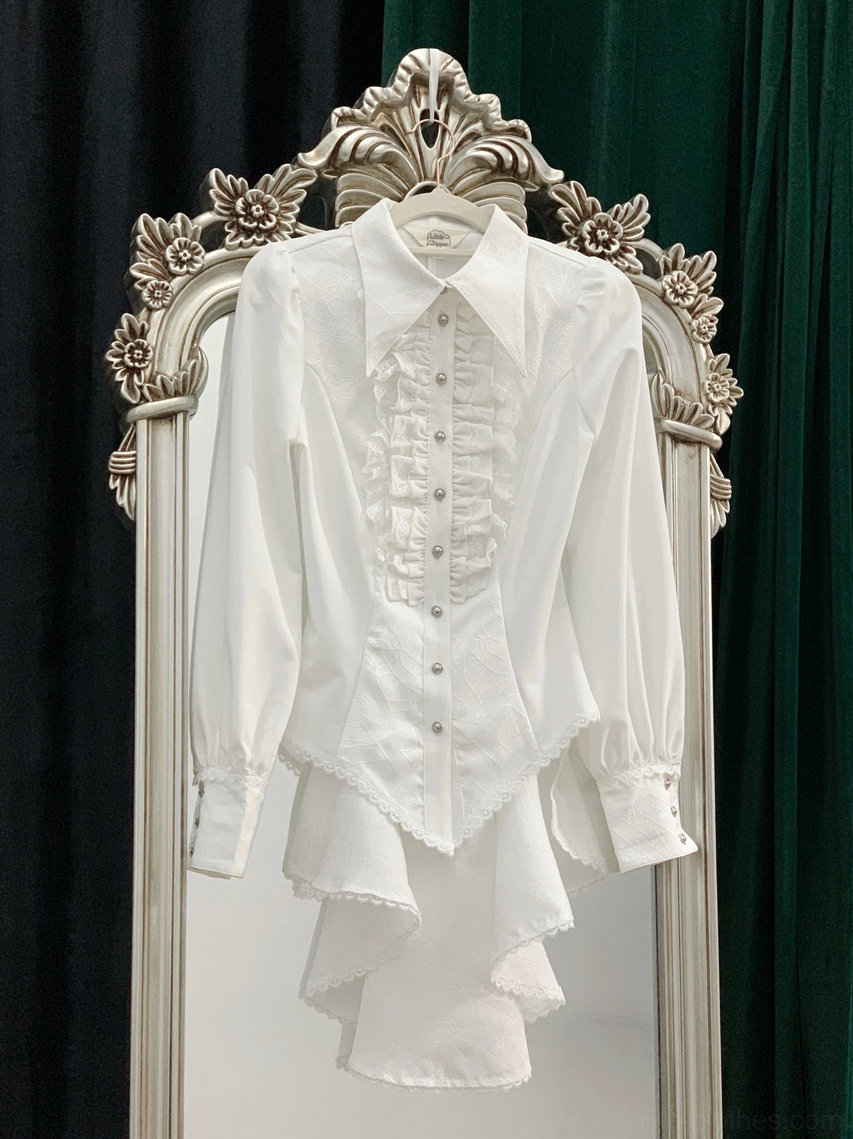 Gothic Ouji lolita spiderweb shirt before and after comparison showing color depth saturation and spiderweb pattern visibility