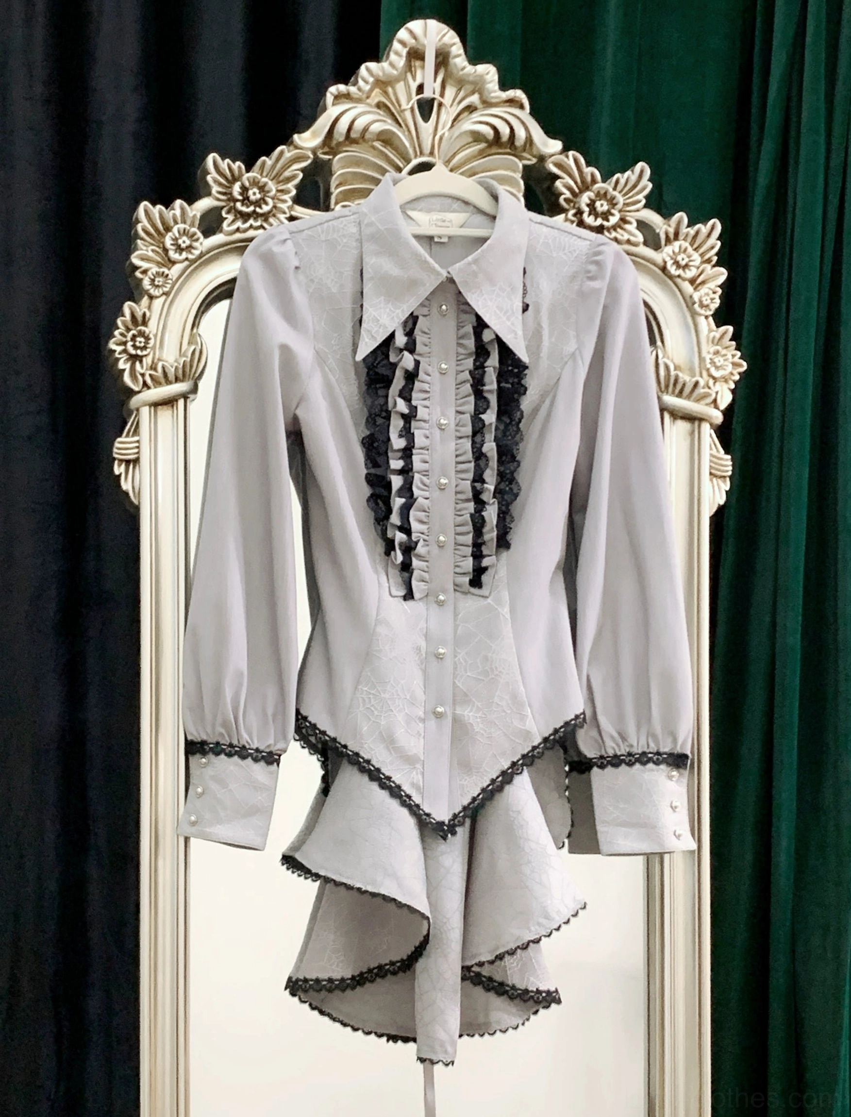 Gothic Ouji lolita spiderweb shirt styled in formal gothic coordinate with JSK jumper skirt and Victorian headdress ensemble