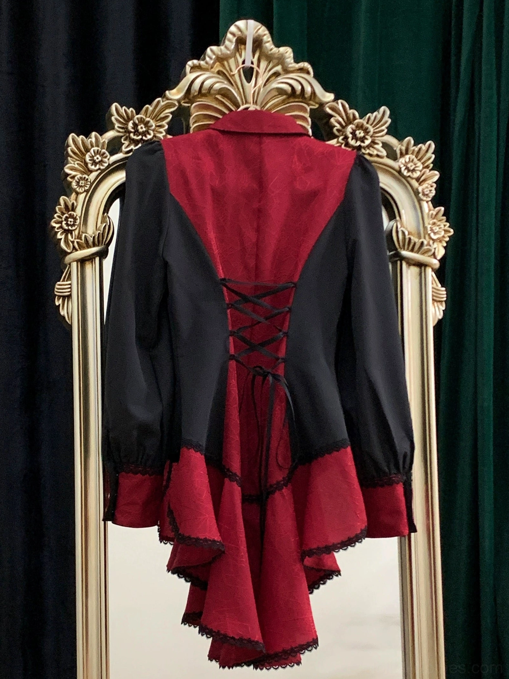 Gothic Ouji lolita spiderweb shirt detail of front facing button placket construction showing button spacing alignment and precision