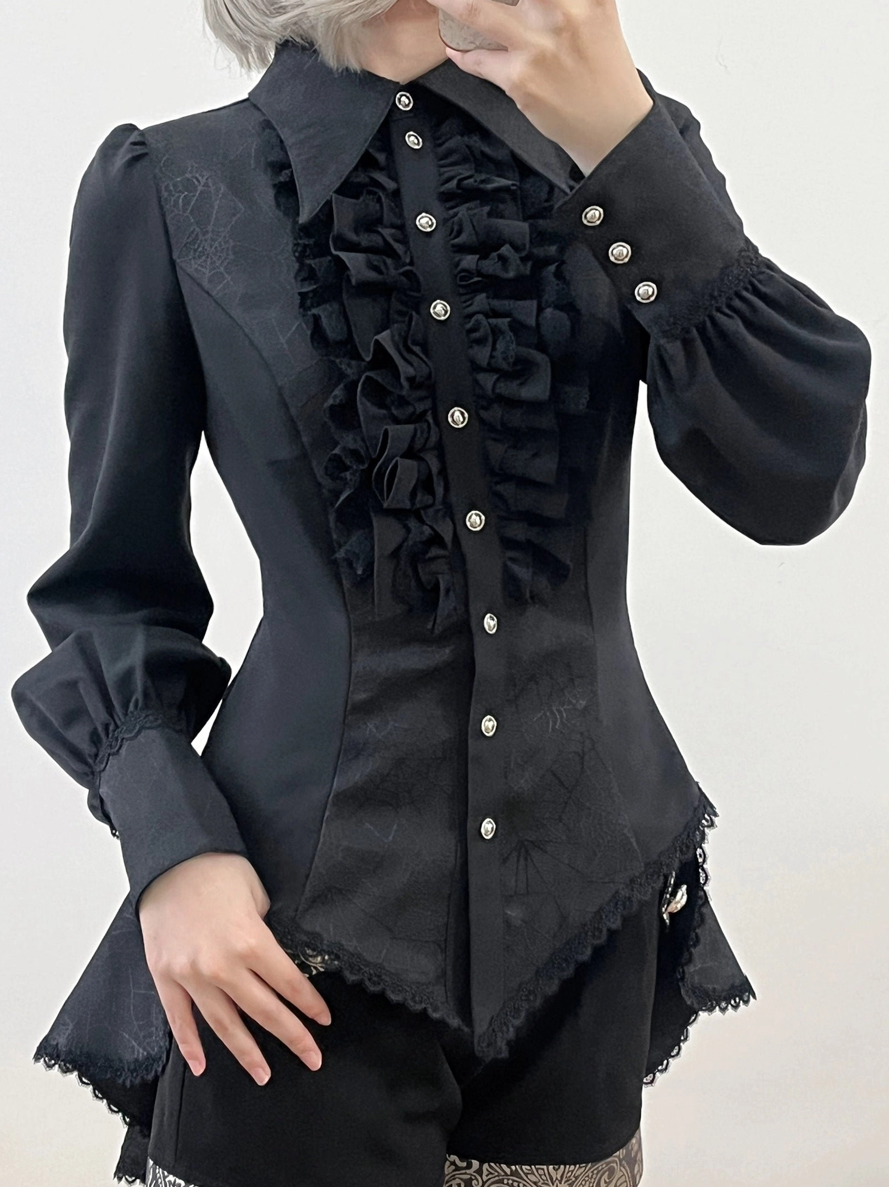 Gothic Ouji lolita spiderweb shirt full body back view showing complete rear silhouette lace-up corset and extended trailing tail hem