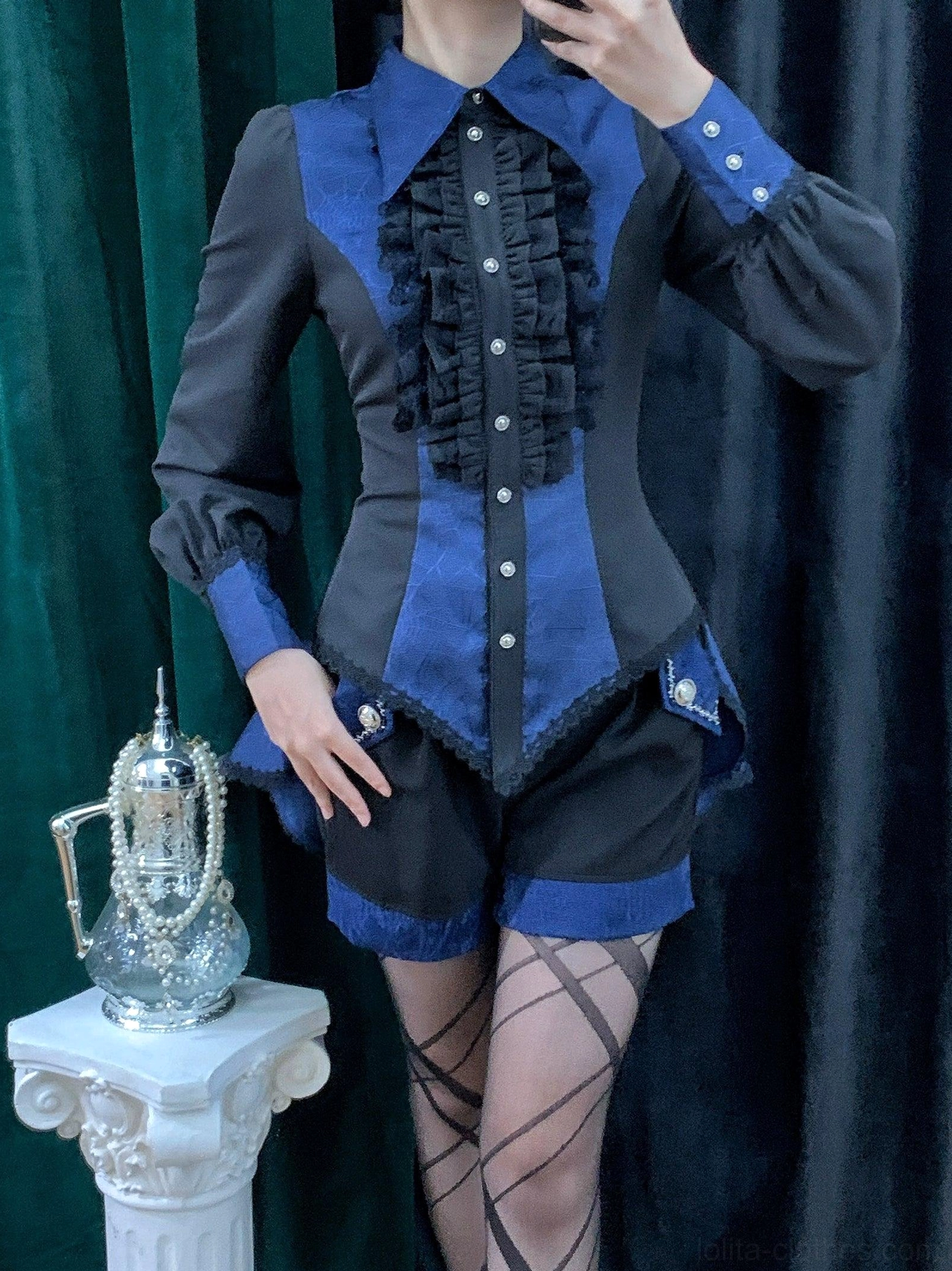 Gothic Ouji lolita spiderweb shirt pearl button detail close-up showing button finish quality luster and placement on front placket