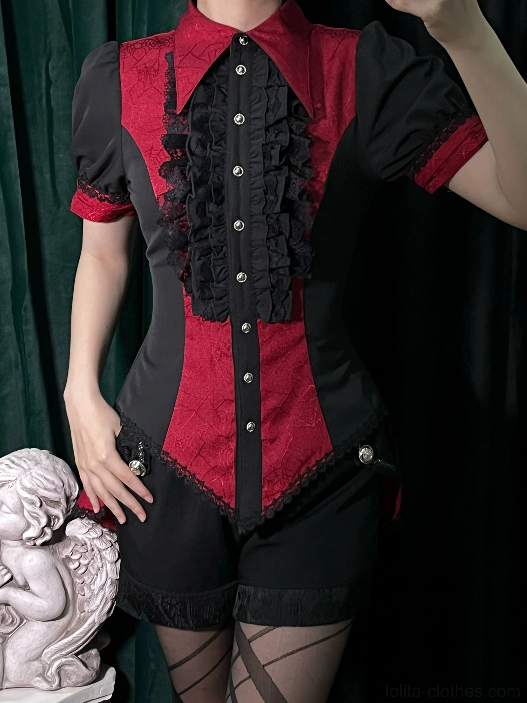 Purple gothic Ouji lolita spiderweb shirt display showing unique color variant spiderweb jacquard pattern and lace accents