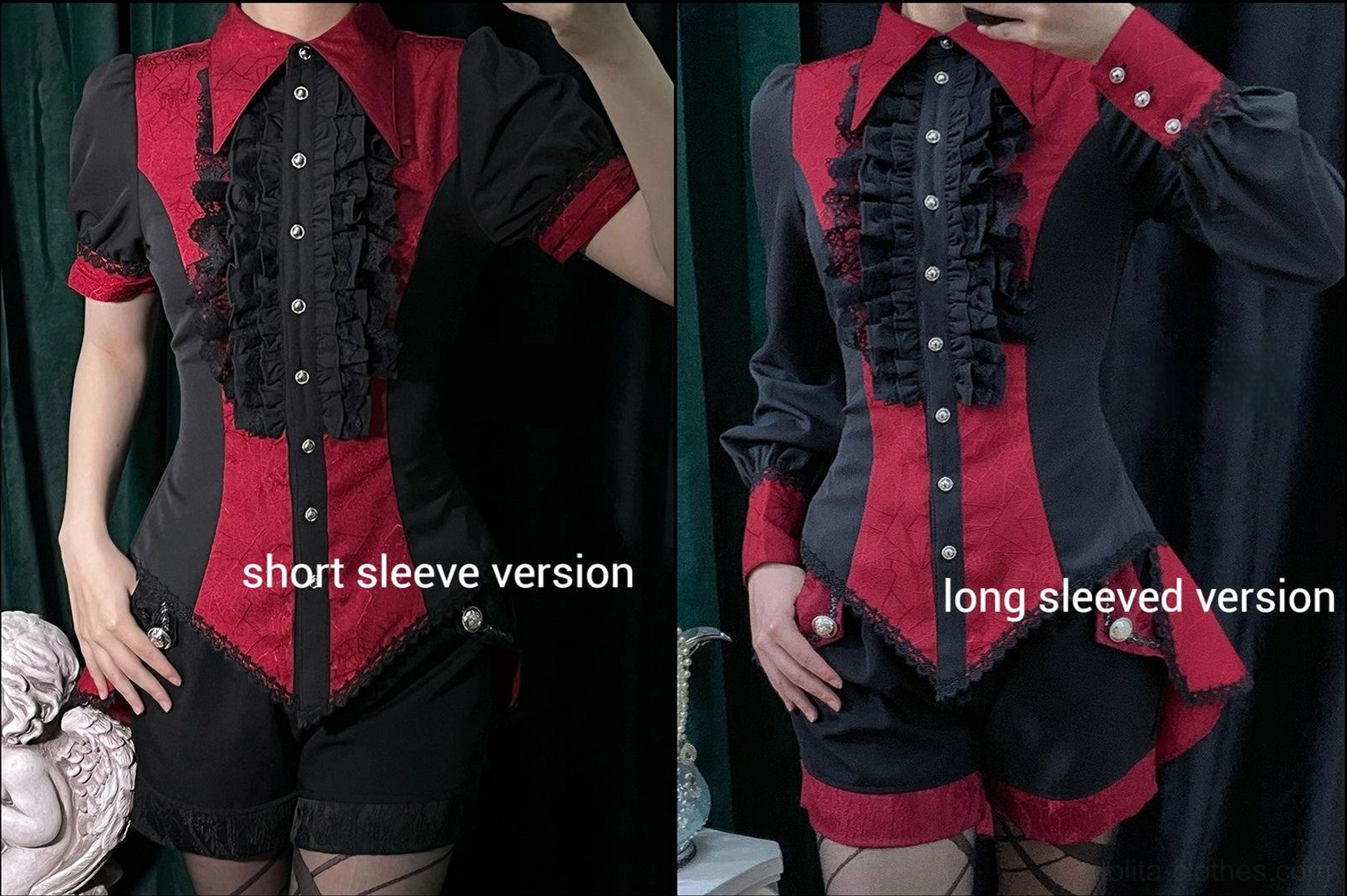 Gothic Ouji lolita spiderweb shirt size comparison showing multiple size variants on dress forms silhouette and proportions