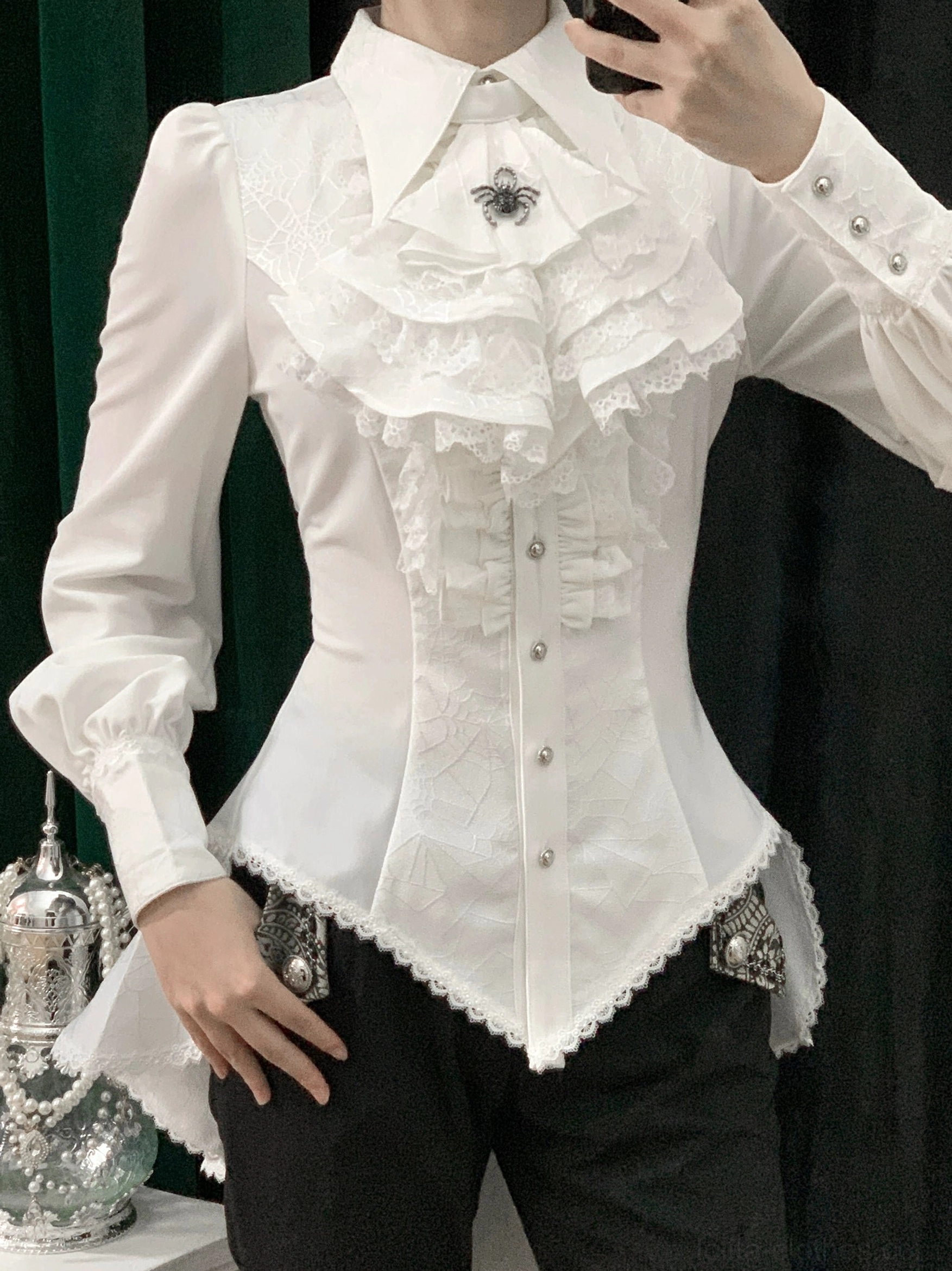 Gothic Ouji lolita spiderweb shirt photography detail of spiderweb motif showing intricate pattern repetition and fabric artistry