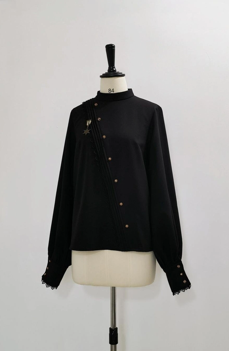 Ouji Lolita stand collar shirt front view multiple sizes showing crisp collar structure slanted buttons star brooch accessory included