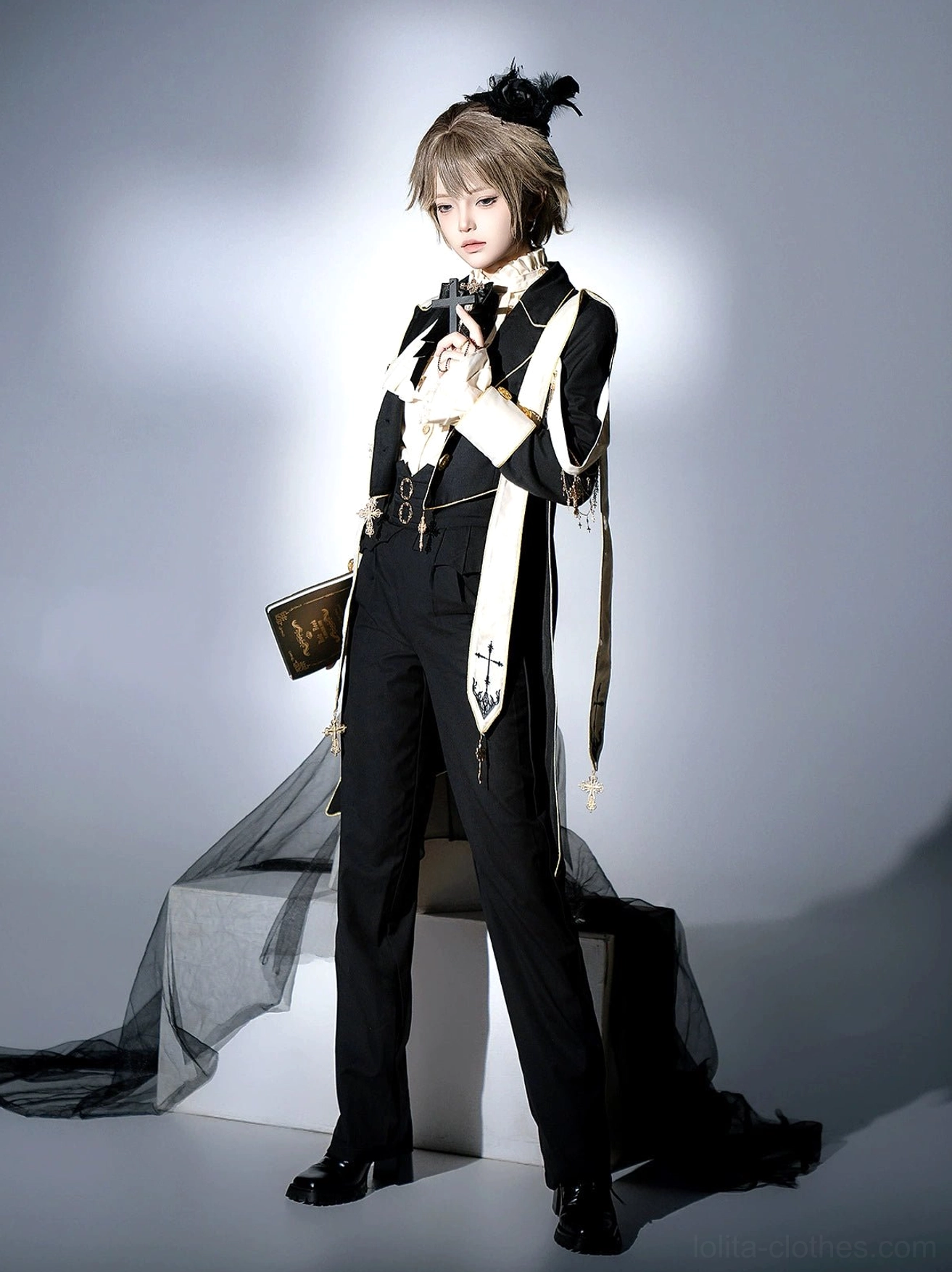 Gothic ouji lolita suit front close-up view small vintage clutch formal white gloves cross trim details