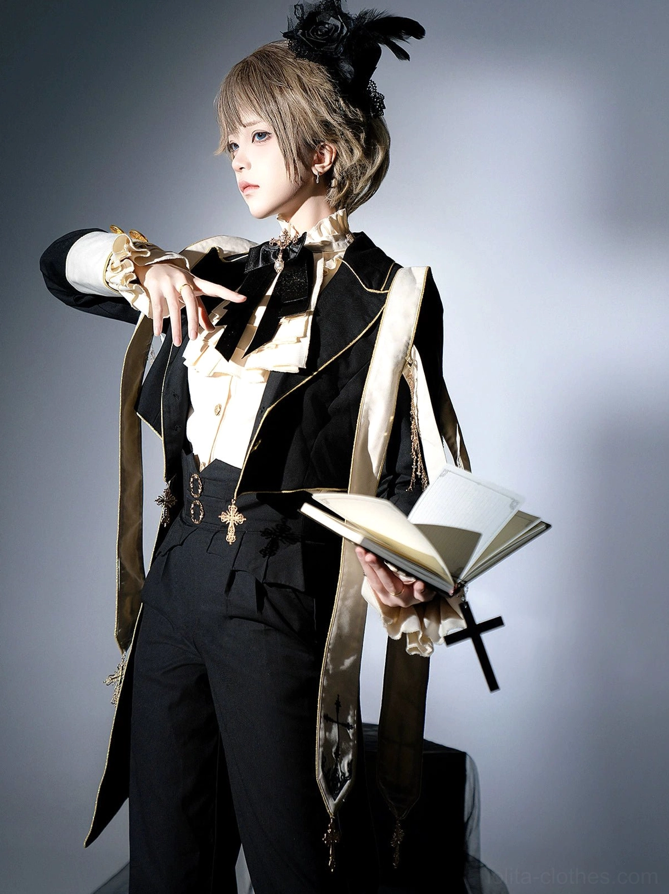 Ouji gothic lolita two-piece suit three-quarter side angle vintage book open cross pendant sash back detail