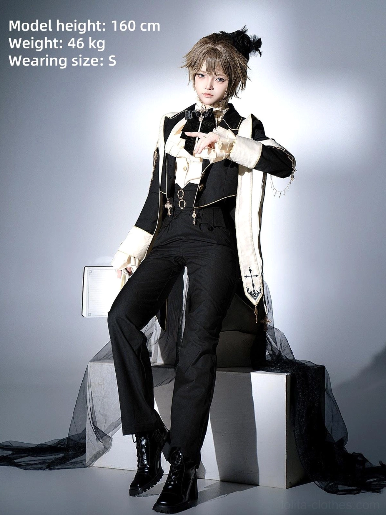 Prince ouji gothic lolita suit size small model 160cm height 46kg weight front sitting wearing formal gloves