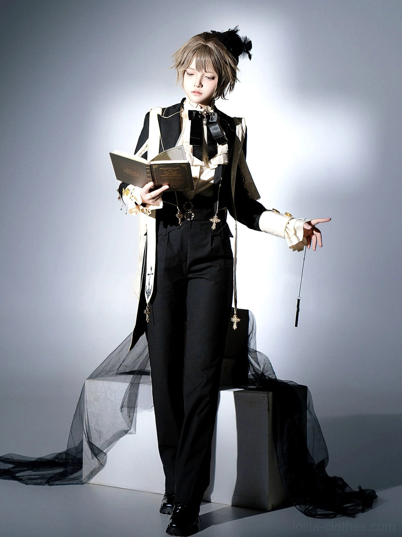 Ouji gothic lolita formal suit standing front view thin cross pendant vintage book black leather dress shoes