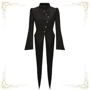Aristocratic black Ouji Lolita swallowtail coat front view flat lay - structured stand collar, asymmetrical silver button closure, fitted silhouette