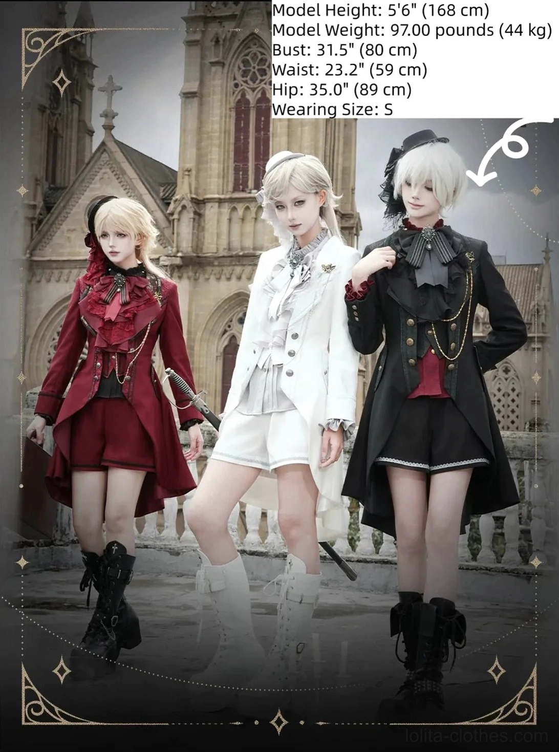 Ouji Lolita black white and burgundy faux two-piece tailcoat ensemble color options detail comparison front views