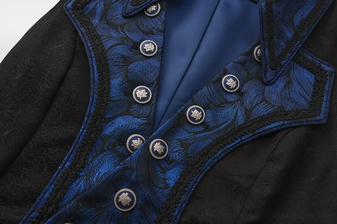 Close-up detail of Ouji Lolita tailcoat collar placket blue floral jacquard black braided trim vintage silver buttons