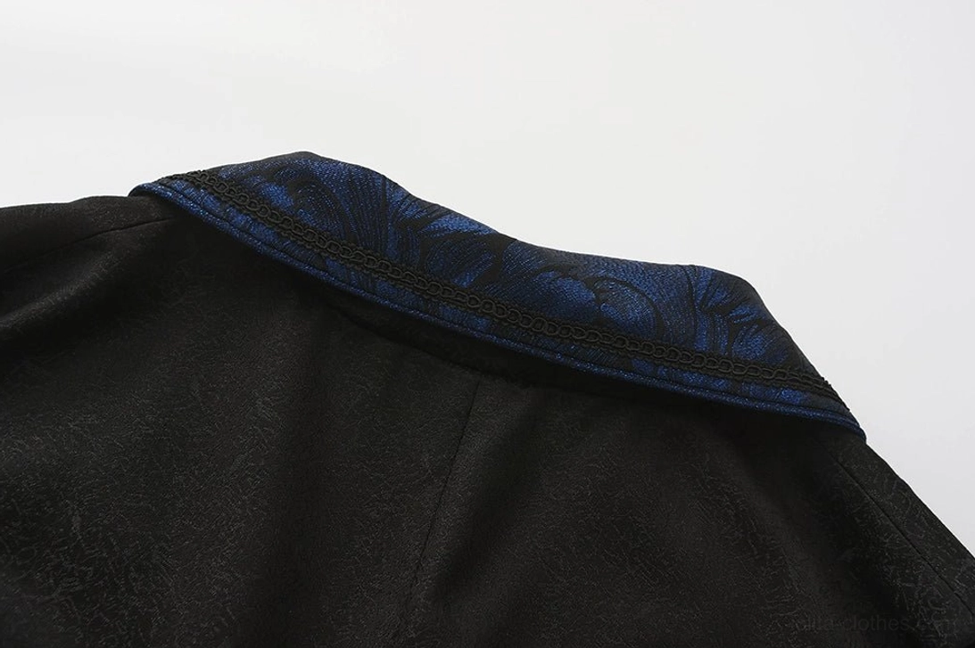 Top-down close-up of Ouji Lolita tailcoat collar edge blue floral jacquard trim textured black outer fabric
