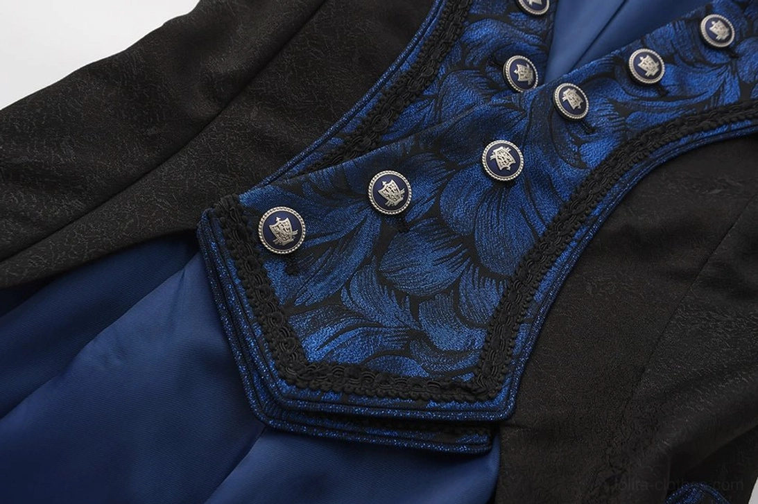 Close-up of Ouji Lolita tailcoat front decorative panel double-row silver buttons blue jacquard patch textured fabric