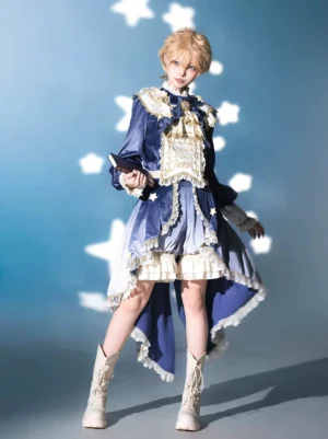 Ouji lolita high-low tailcoat and puffy lantern shorts set front full-body view on blonde male model with starry blue studio backdrop