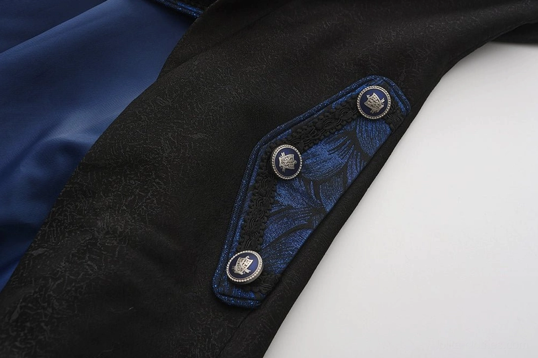 Close-up of Ouji Lolita tailcoat side button trim blue jacquard decorative piece silver vintage buttons satin lining