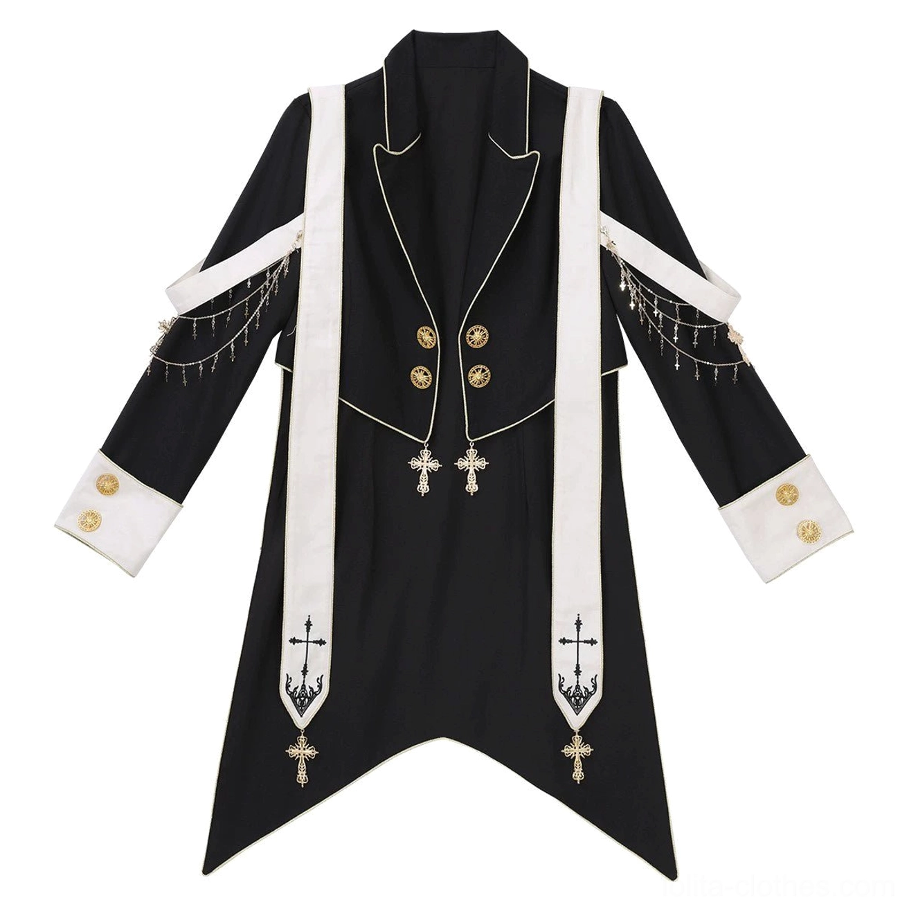 Ouji gothic lolita tailcoat single piece view black cream swallowtail lapel collar cross details jewelry