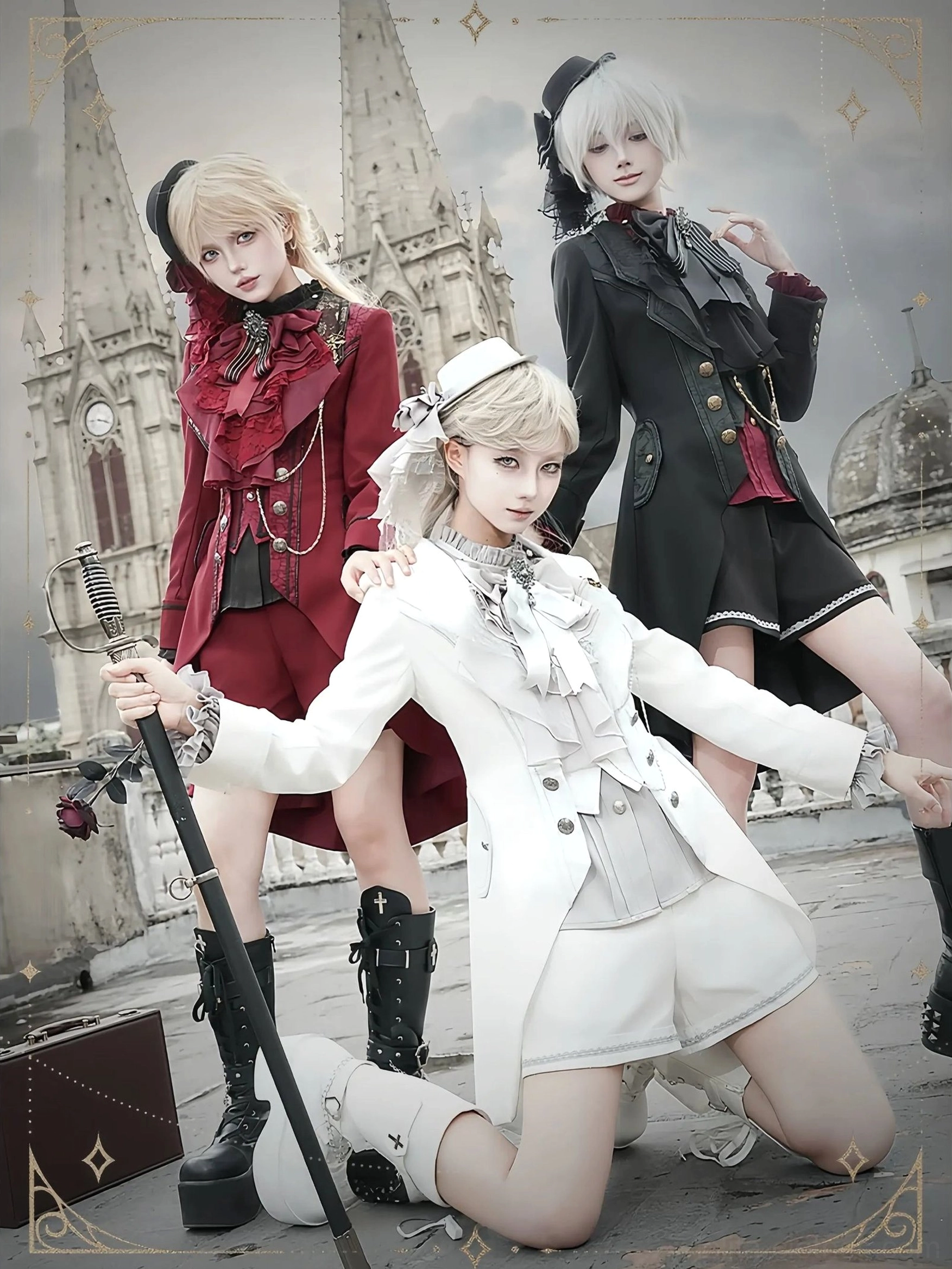 Gothic Ouji Lolita two-piece tailcoat suit full group front view worn by three cosplay models in red-black and white styles at European church square