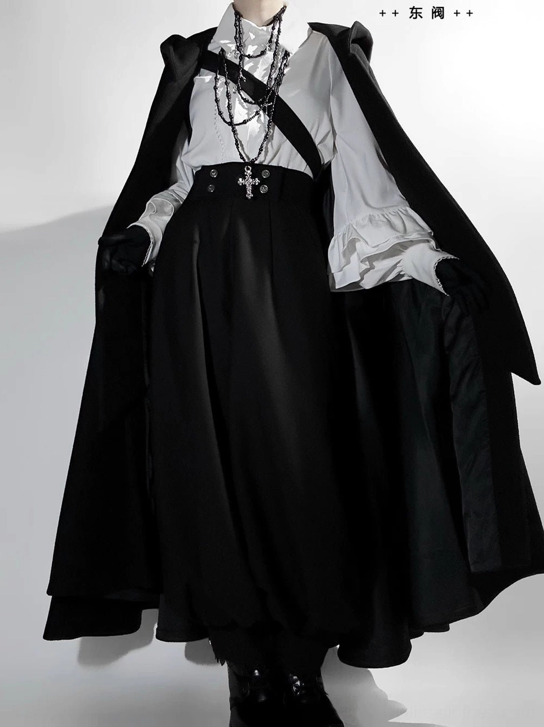 Ouji lolita complete three-piece set styled flat lay showing cape blouse pants and accessories arrangement