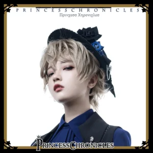 model wearing black and blue gothic Ouji top hat close-up portrait blonde female lolita fashion ouji style headpiece matching coordinate